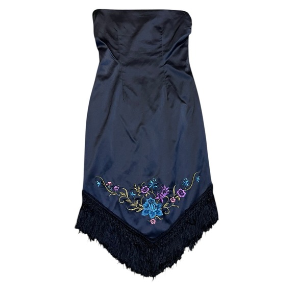 Cache Dresses & Skirts - Vintage Cache Strapless Floral Embroidered Fringe Handkerchief Hem Y2K Size 4